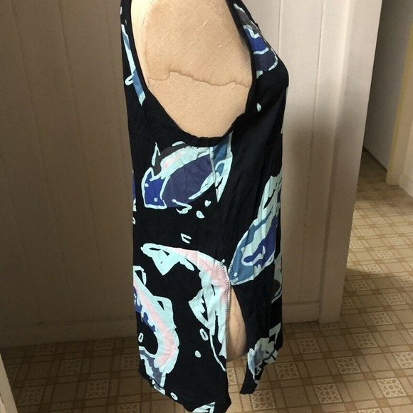 KENZO sz S Black Long Tank Top Side Slits Blue Fish - Picture 5 of 8